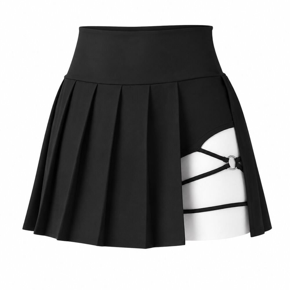 HALARA Black Pleated Mini Skirt with Side Strappy Cutout